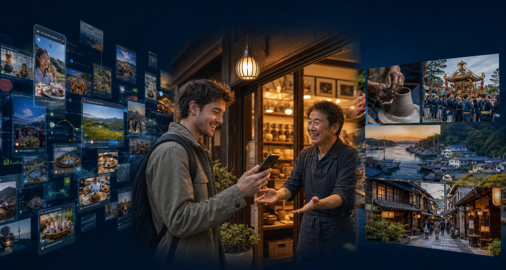 SNSで地域のお店を知った外国人旅行者が実際に来店し、店主に迎えられる様子
